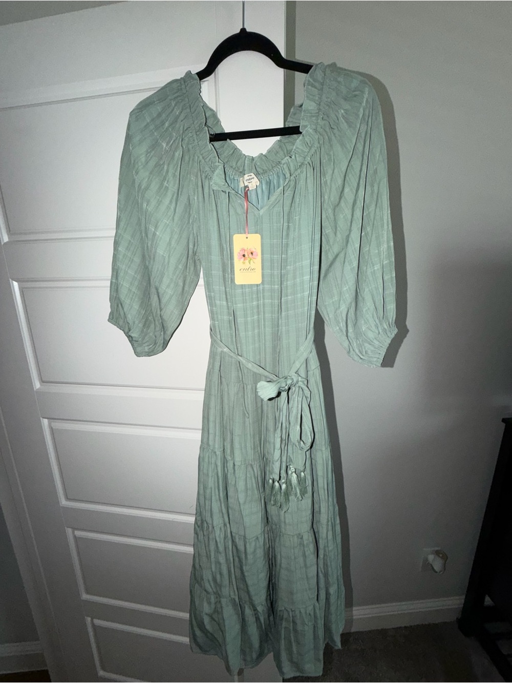 Light Sage Green Midi Dress with Tassel Waist Tie